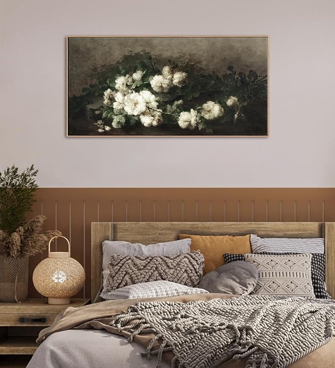 DJSYLIFE Vintage White Rose Still Life Framed Wall Art, Classical Painting | 20x40 Inch Floral Canvas Print, Solid Wood Frame, Ready to Hang, Elegant Decor for Living Room, Bedroom, Above Bed