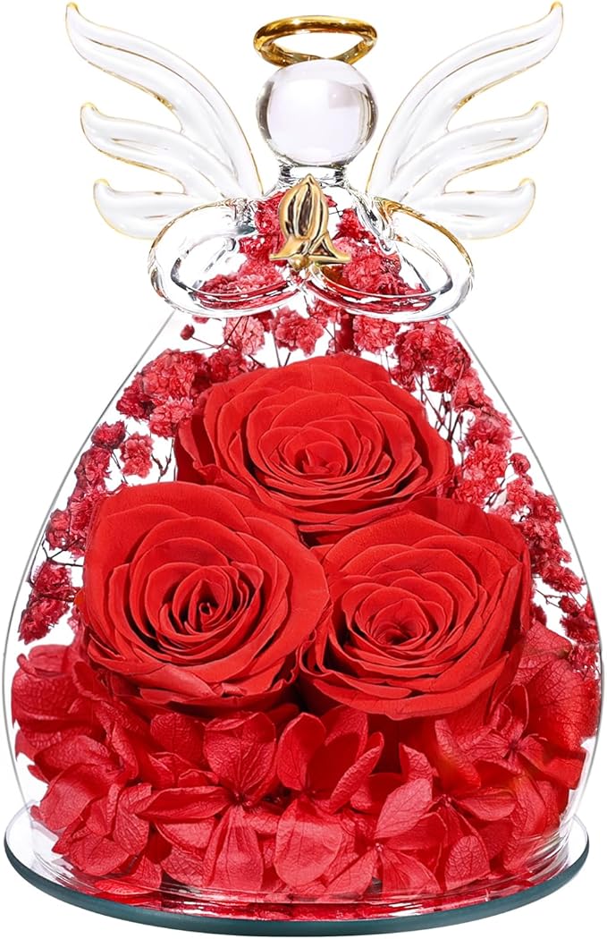 Beferr Mothers Day Mom Birthday Gifts for Women, Fresh Flowers for Delivery Forever Preserved Rose in Glass Angel Figurine, Anniversary Christian Real Rose for Grandma Nana Wife Mum from Daughter Son