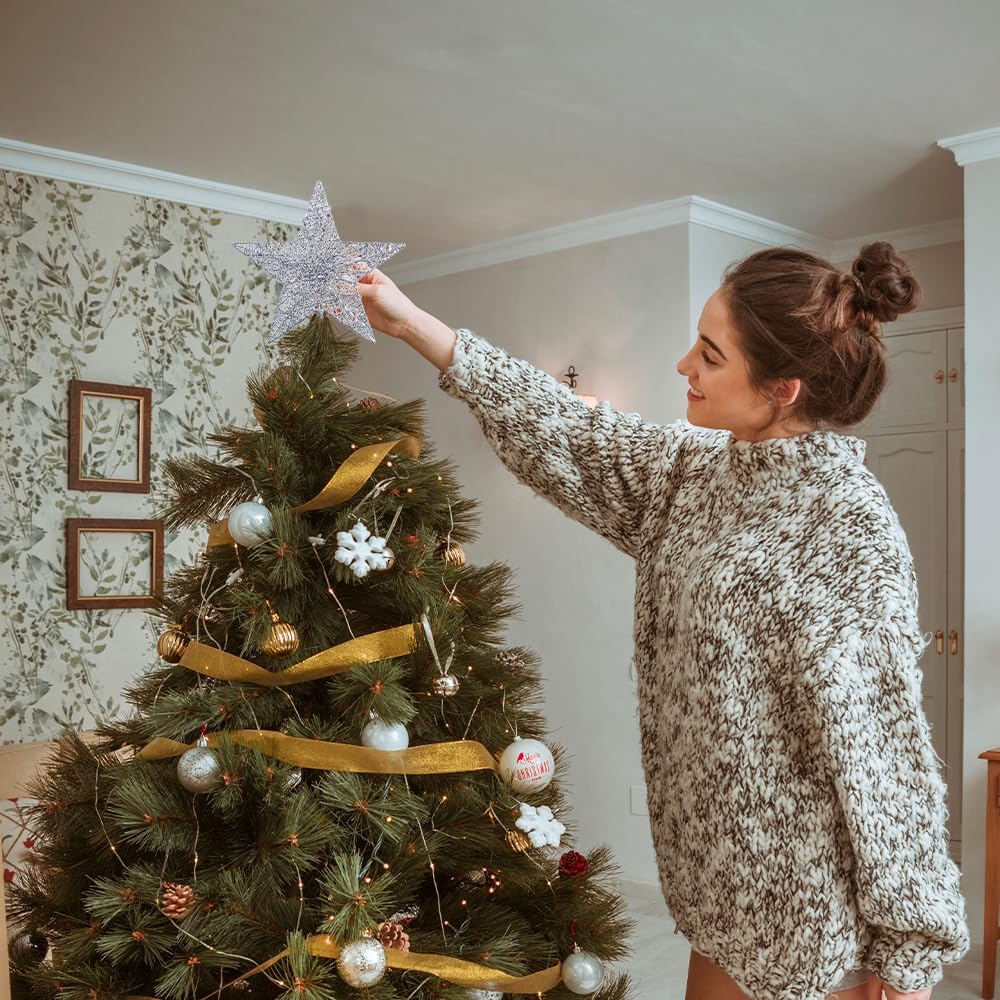 Christmas Tree Topper, hogardeck Sliver 5-Pointed Star Tree Topper for Christmas Decor, Tree Toppers for Christmas Tree Decorations for Indoor Home