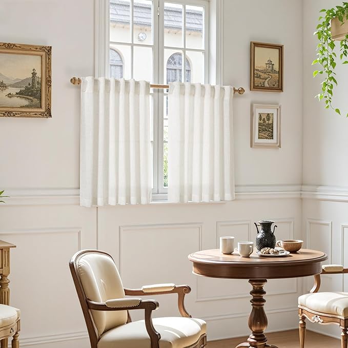 Nanspring Cafe Linen Curtains 24 Inch Length for Kitchen Windows Over Sink, Cream Natural Semi Sheer Light Filtering Back Tab and Rod Pocket Drapes for Small Window 34 x 24 Inch,2 Panels
