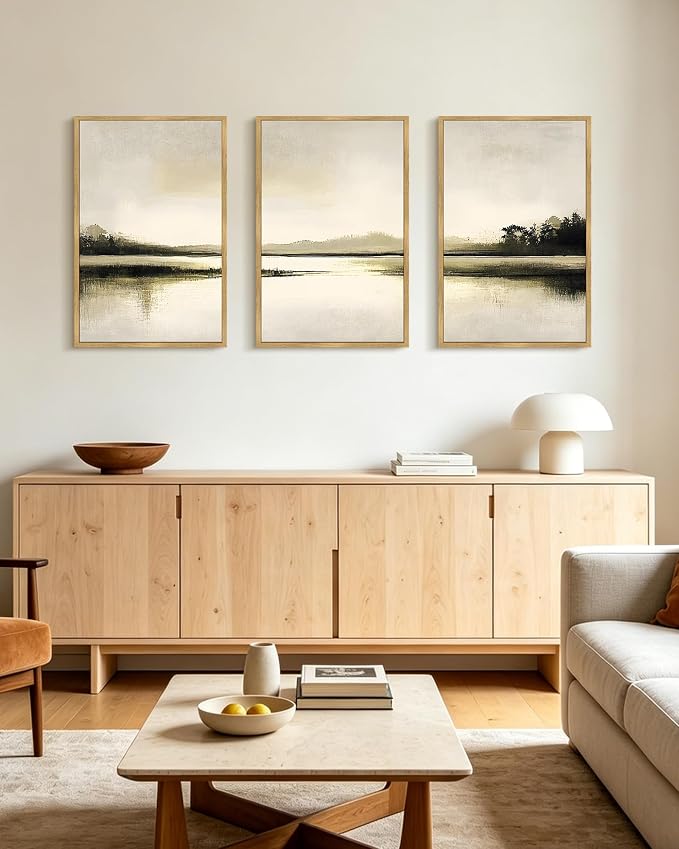 PHOPAGO Abstract Lake Landscape Framed Wall Art Large 16x24in Watercolor Nature Wilderness Paints Nordic Neutral Tan Illustration Decorative - Natural Framed