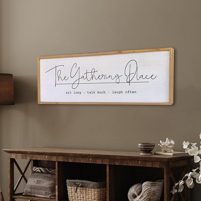 The Gathering Place Wall Decor Sign 40"x15" Large Family Dining Room Vintage Wooden Framed Country Farmhouse Simple And Rustic Hanging For Kitchen Home Wall Art Decoration (Wood)