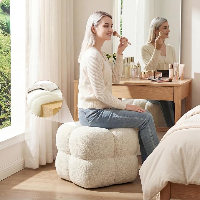 Zesthouse Square Pouf Ottoman, Modern Vanity Chair Backless for Bedroom, Beige Linen Stool Seat Foot Rest, Upholstered Poofy Footstool for Couch, Fabric Ottoman Coffee Table for Living Room