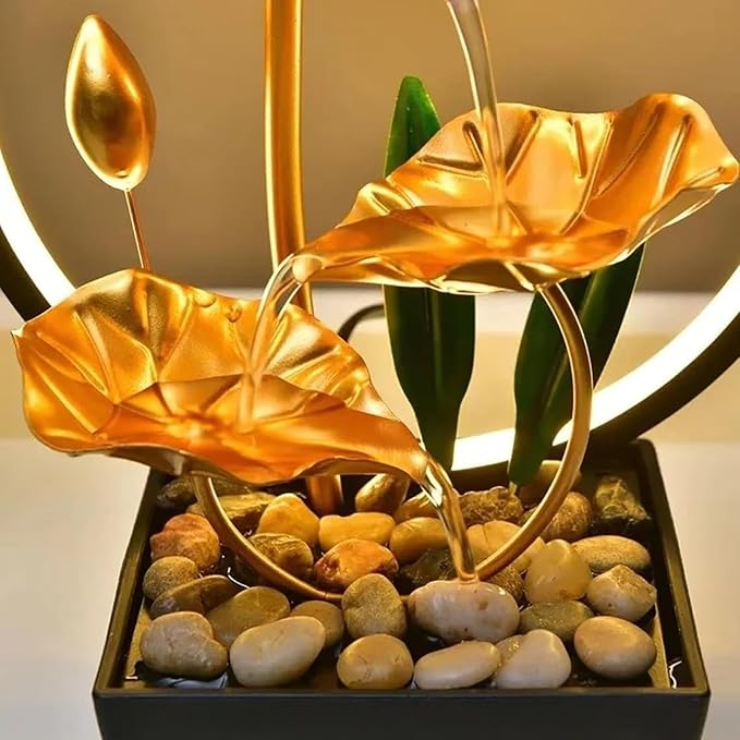 Tabletop Fountain with Led Light, 11IN Gold Lotus Indoor Waterfall Fountain USB Powered Zen Table Water Fountains with 1 Replacement Water Pump