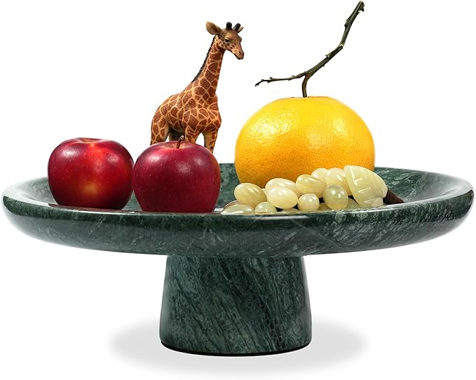 Marble Fruit Bowl for Kitchen - 11.8" Green Decorative Stone Pedestal Bowls for Home Decor, Footed Fruits Holder For Dining Table Counter Organization