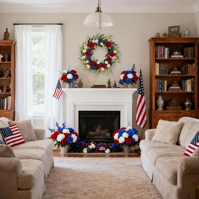 20 Inch Patriotic Wreaths for Front Door, 4th of July Independence Day Memorial Day Wreath with Red White Blue Flowers, Grain and Eucalyptus Leaves Outdoor Patriotic Door Decor for Home Porch