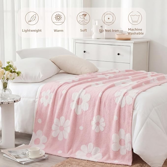 WRENSONGE Soft Throw Blanket for Couch-Cozy Reversible Knitted Blankets | Lightweight Warm Fluffy Decor for Women, Mom, Her & Girls, Sofa, Chair, Bed, 50x60in, Daisy Floral Pink