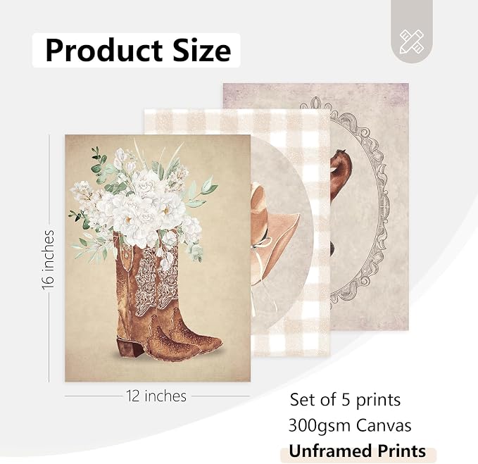 Tocliky Cowgirl Nursery Wall Art Coquette Western Girl Poster Vintage Horse Floral Canvas Pictures Aesthetic Pink Preppy Room Wall Decor Rustic Cowgirl Prints for Girls Bedroom 12x16x5 Inch Unframed