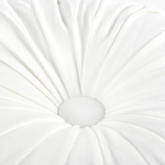 HIG Set of 2 Decorative Round Pleated Throw Pillows, Classy Accent Pumpkin Throw Pillows with Center Button, Vintage Velvet Floor Pillows for Sofa Vanity Chair Bed, White, 14.5" Diameter(Ripple)