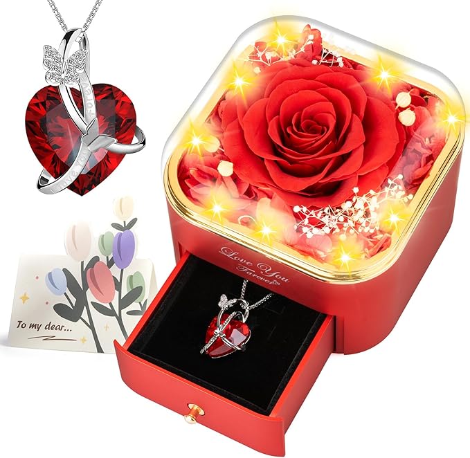 ENERLEAF Preserved Red Real Rose with Necklace Jewelry Box -Eternal Flowers Rose Gifts for Grandma Wife Girlfriend on Valentines Mothers Day Christmas Birthday Anniversary Romantic Gifts for Her
