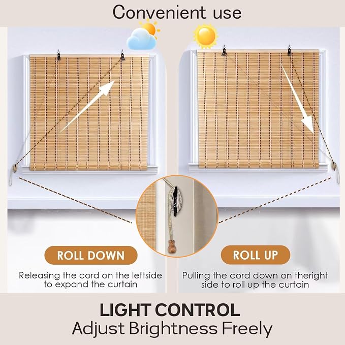 Bamboo Shades for Outdoor Patio, Custom Bamboo Blinds for Indoor Windows, Natural Woven Wood Window Blinds, Light-Filtering & Privacy Protection Roll Up Shades,Easy to Install