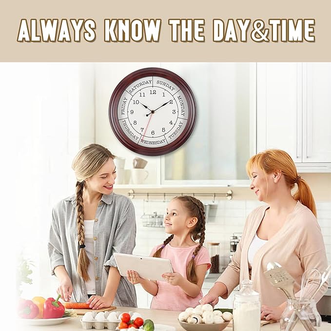 Day of the Week Clock 14 Inch Retirement Wall Clock with Wood Frame for Men Women Red Brown