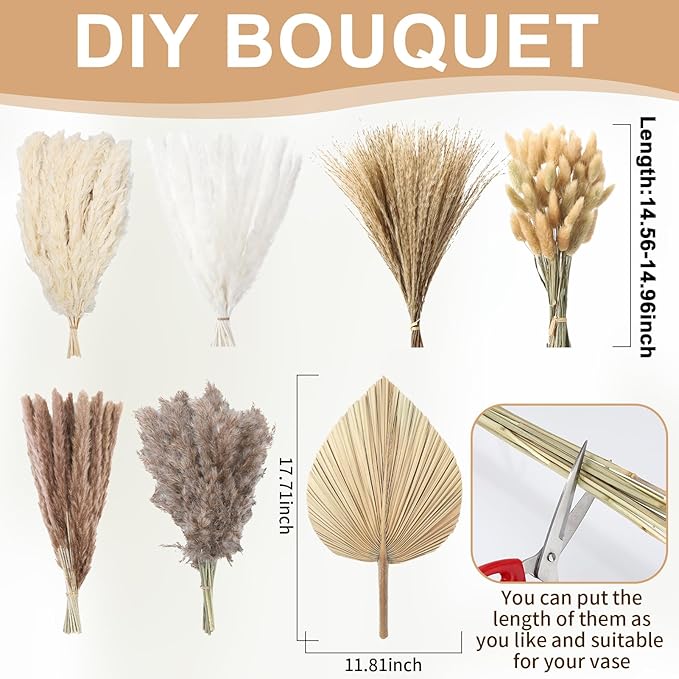 202 Pcs Boho Dried Pampas Grass Decor Bulk, Large Dried Palm Spears Bunny Tails Pampas Reed Grass Dried Palm Leaves Dried Flower Bouquet Boho Centerpieces for Wedding Home Tables Decor