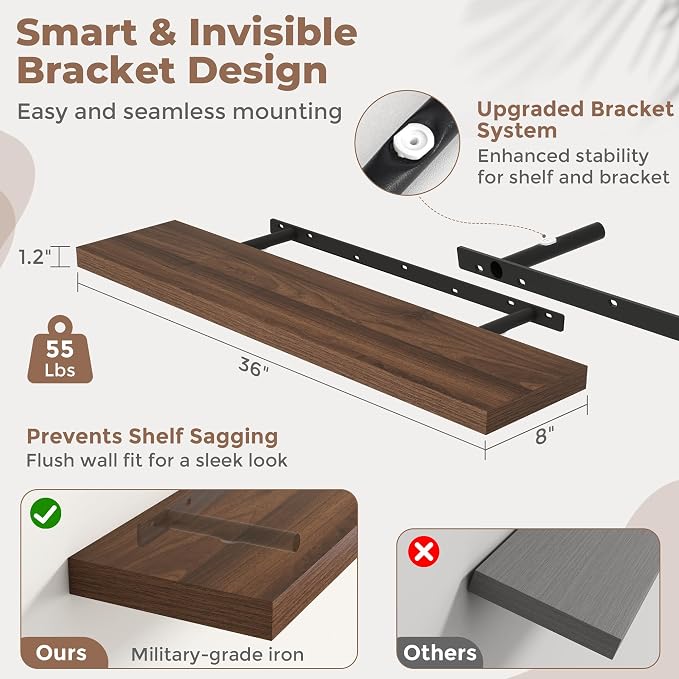 36 Inch Floating Shelves for Wall with Invisible Brackets Set of 2, 8"D Engineered Wood Wall Shelves with Wood Grain for Living Room, Bedroom, Bathroom, Kitchen Decor and Storage, Walnut Finish