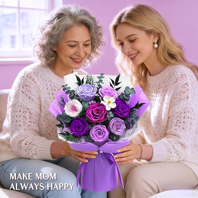 Forever Rose Flowers for Delivery, 8-Piece Preserved Roses Bouquet Birthday Gifts for Women, Long Lasting Purple Roses with Gift Box for Mom, Forever Flowers with Vase for Her Wife Girlfriend