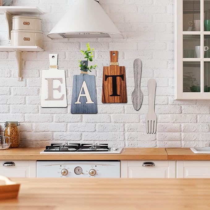 Jetec Cutting Board Eat Sign Set Hanging Art Kitchen Eat Sign Farmhouse Fork and Spoon Wall Decor Rustic Primitive Country Kitchen Decor for Home over Cabinet Decoration(Gray, White, Brown)