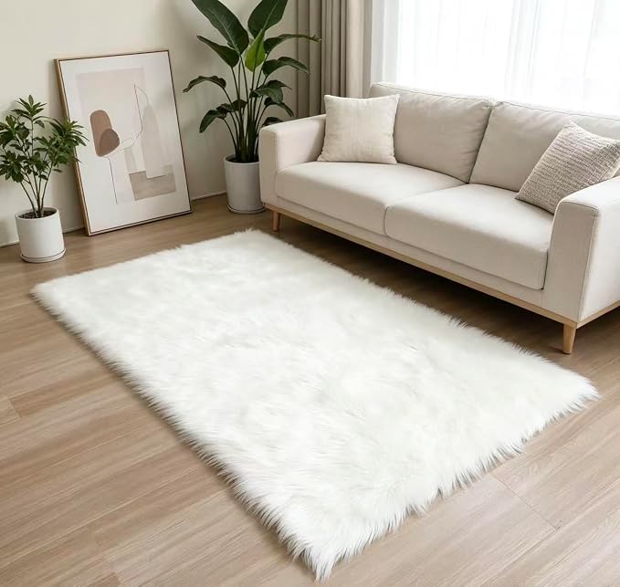 Faux Fur Rug Fluffy Sheepskin Area Rug,Ultra Soft Shaggy Plush Rug Bedroom Living Room Sofa Floor Kids Room Bedside（3 x 5 ft Rectangle White）