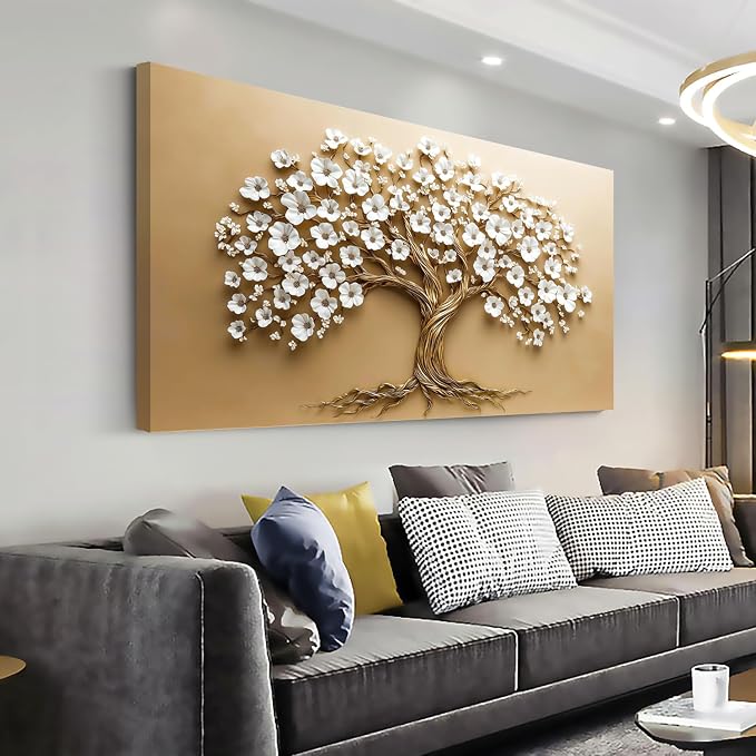 Ggaafet White FLower Tree Wall Art for Living Room Canvas Oil Painting Prints Beautiful Floral Blooming Art Deco Modern Artwork Office Bedroom Family Dining Room Decor Extra Large