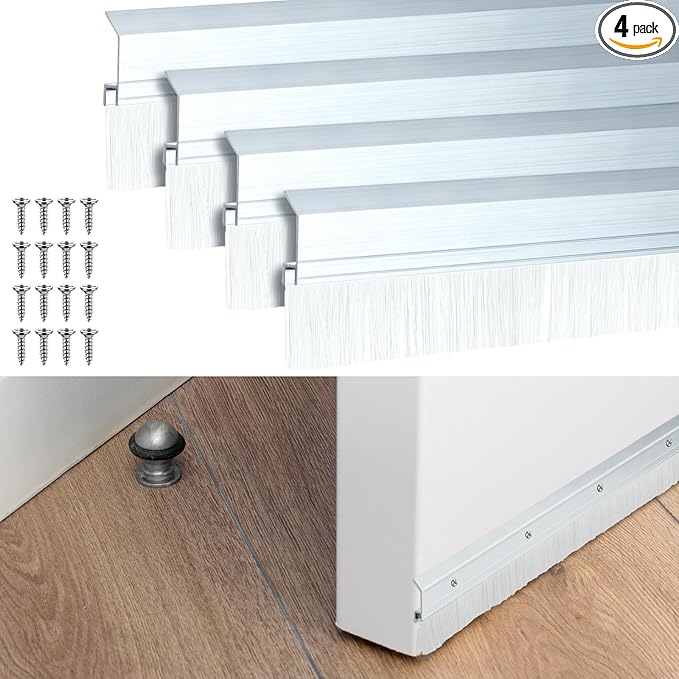 Hushee 4 Pcs 2x36 Inches Brush Door Sweep for Exterior, Aluminum Commercial Door Sweep Bottom All-Season Alloy Brush for Exterior and Interior Sealing Gaps Keeps Out Cold Air, Dust (White)
