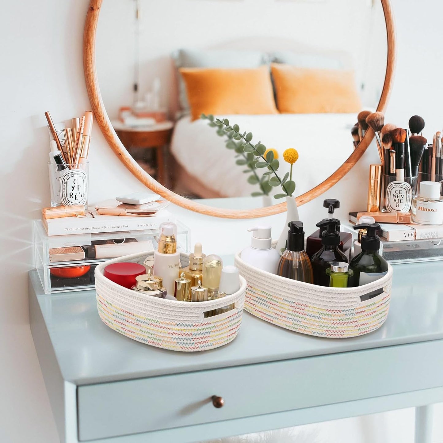 7 Piece Cotton Rope Woven Basket Set - Small Basket for Baby Nursery, Pets, Montessori, Dog & Cat Toy Boxes, Bathroom Organization Bins (White/Rainbow Stitching)