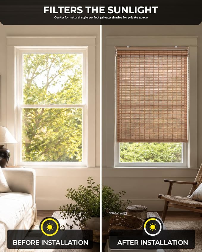 UNISHADES Cordless Bamboo Roller Shades, 26×70 in, Squirrel | Woven from Wide Bamboo Strips Roll Up Blinds, Protecting Privacy, Light Filtering