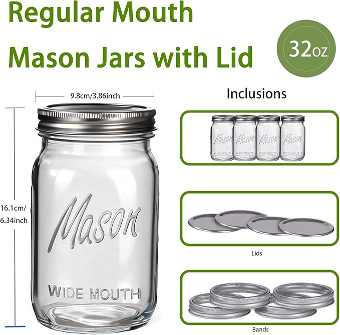 Rubtlamp Clear Mason jar 32 oz, 12 Pack Glass Jars - Wide Mouth Mason Jars with Airtight Lids for Pickling, Fermenting, Food Storage&DIY Crafts, Microwave & Dishwasher Safe