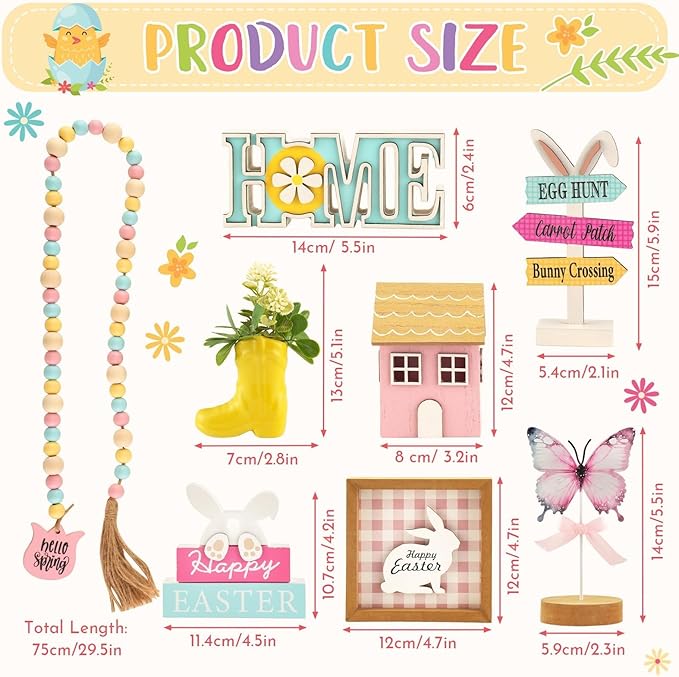 Spring Easter Decorations 8 Pieces Tiered Tray Decor Set, Cute Tabletop Easter Spring Décor for Home Shelf Mantel Office Table Coffee Bar Indoor Holiday Decoration Ornament Tray Objects