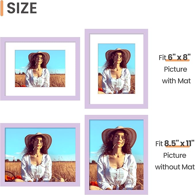 upsimples 8.5 By 11 Picture Frame, Display Pictures 6x8 with Mat or 8.5 x 11 Without, Wall Hanging Photo Frames, Purple, 1 Pack