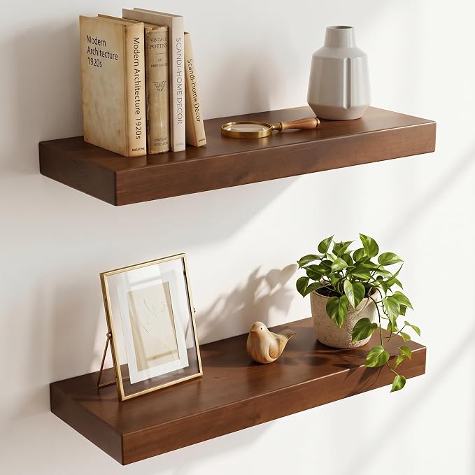 20 inch Floating Shelves for Wall, High End Solid Real Wood Floating Shelf with Heavy Duty Invisible Bracket 20in Long Wooden Wall Shelves for Living Room, Bedroom, Kitchen, Bathroom, Set of 2, Walnut