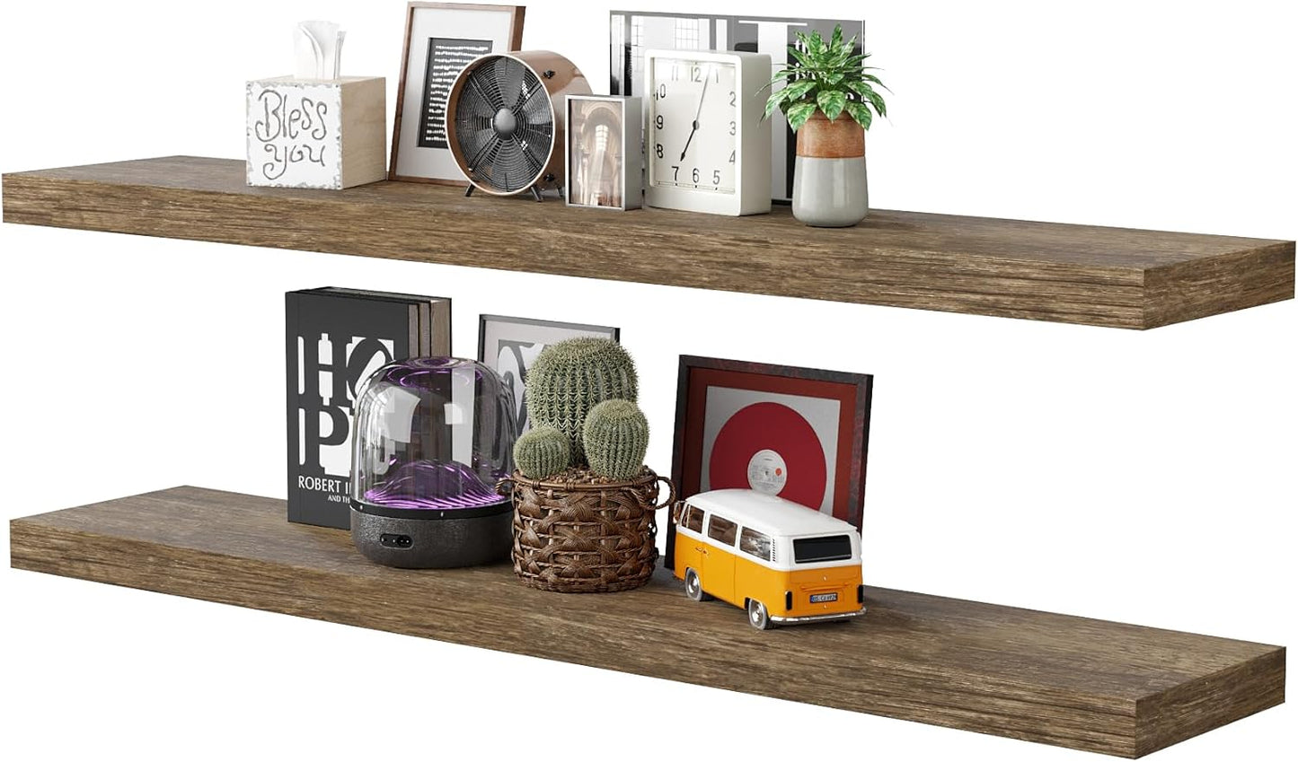 BAMEOS Floating Shelves,Wall Mounted Wooden Shelves with Invisible Brackets Set of 2, Hanging Wall Shelves Decoration for Bedroom, Bathroom, Living Room and Kitchen