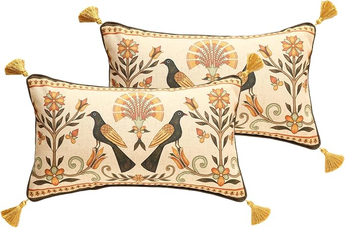 bilin gaier Rectangle Linen Throw Pillow Covers,20"x12" Set of 2-Seville C | Designer Vintage Elegant Pillow Cover,Concealed Zipper,Floral and Bird Pattern,Sofas,Bedroom,Living Room,Chairs