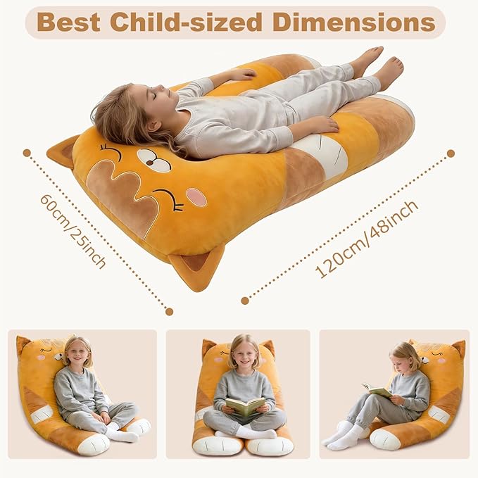 47x23 inch U Shaped Long Plush Body Pillows for Kids, Stuffed Animal Cat Soft Large Pillow for Sleeping, Big Cute Plushies, Washable Cover, Gift for Boys and Girls