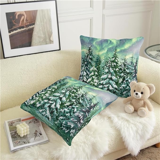 Winter Aurora Pillow Covers 24x24 Set of 2 Snowy Pine Tree Throw Pillow Covers Green Polar Light Forest Pillow Case Double Sided Printing Cushion Case for Home Decor Couch Sofa