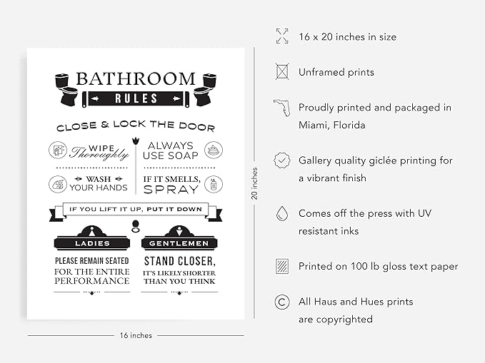HAUS AND HUES Funny Bathroom Signs & Decor, Toilet Rules Art (Unframed 16x20)