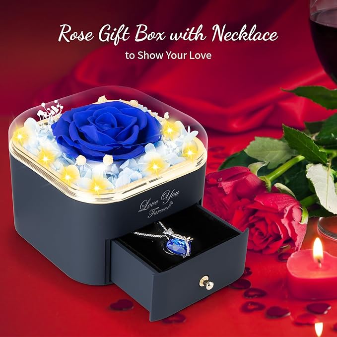 ENERLEAF Preserved Blue Real Rose with Necklace Jewelry Box -Eternal Flowers Rose Gifts for Grandma Wife Girlfriend on Valentines Mothers Day Christmas Birthday Anniversary Romantic Gifts for Her