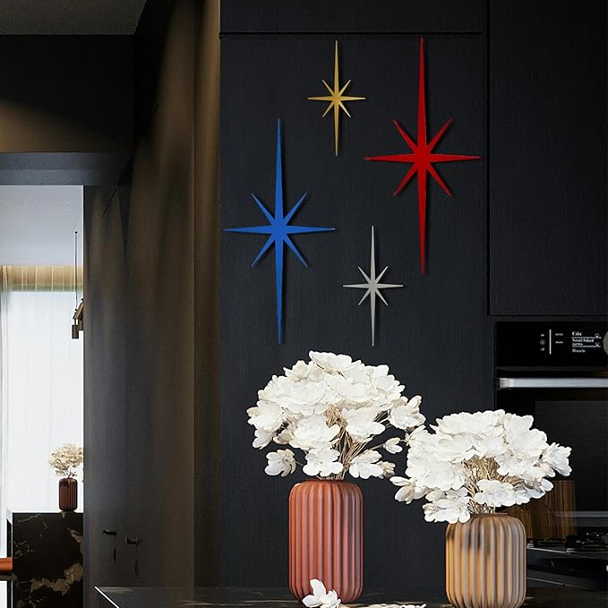 4 Pack Metal Star Wall Art 8 Pointed Starburst Wall Decor Set with 2 Large & 2 Small Pieces Mid Century Celestial Metal Wall Sculpture for Bedroom Living Room Office Gallery Wall