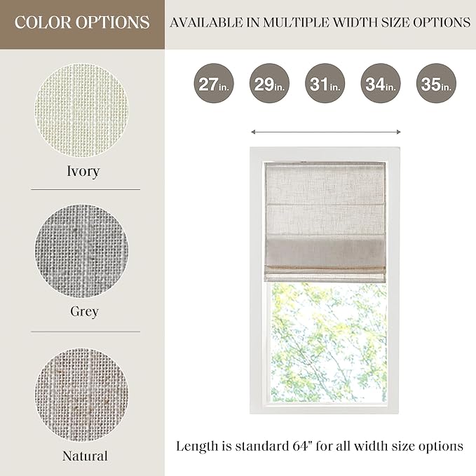 Madison Park Kyler Cordless Roman Shades - Single Panel, Lightweight Linen Blend Fabric, Natural Design, Easy Installation, Light Filtering Window Blind, Bedroom, Living Room Decor 29"W x 64"H Natural