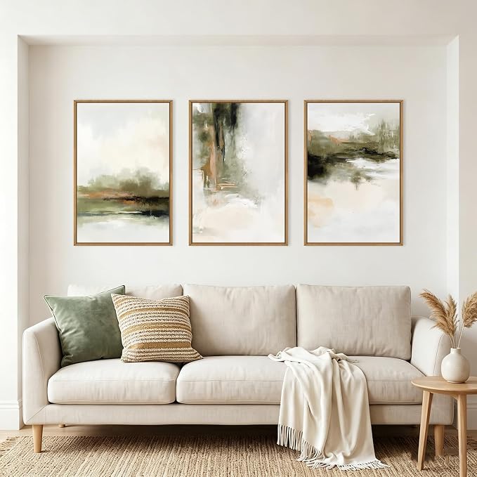 KAIRNE Green Abstract Neutral Framed Canvas Wall Art Set,Modern Watercolor Shapes Wall Decor,Minimalist Pastel Art Prints,Brown Gray Tan Artwork for Living Room,Bedroom,Farmhouse,Office-24 x36 x3