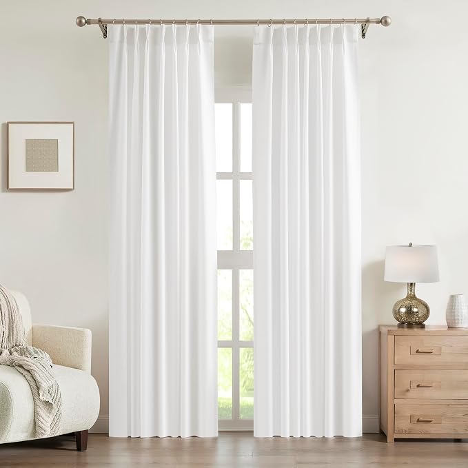Central Park White Pinch Pleat Light Filtering Curtain 90 Inch Linen Blended Window Treatment Privacy Drape with Microfiber Liner for Living Room Bedroom with Back Tabs Hooks, 40" Wx90 L, 2 Panels