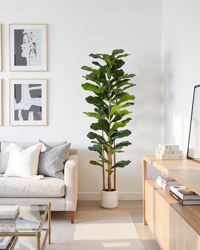 FLOWORLD Fiddle Leaf Fig Tree, 6FT Faux Trees Indoor,Tall FakeTree with Decorative planters,Natural Wood Trunk & Realistic Fiddle Leaf, Artificial Plants for Home Office, Living Room, Outdoor
