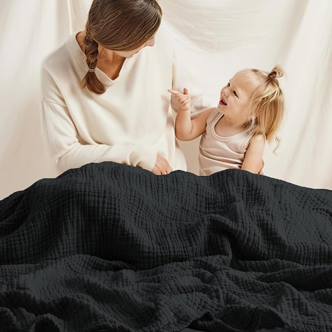 Carriediosa 100% Cotton Muslin Throw Blanket 50" X 70" Throw XL Size，4-Layers Summer Gauze Throws for Bed Couch，Soft Lightweight Breathable Linen Blankets Bedspread for Adults All Season，Black