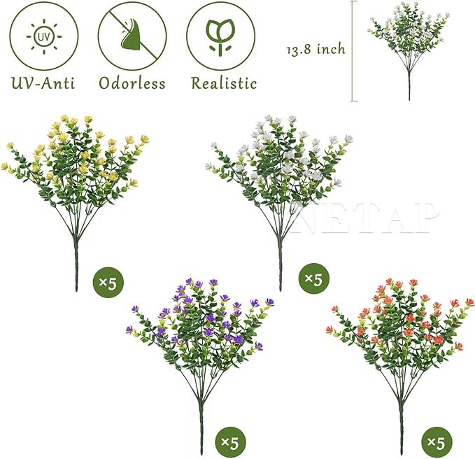 NETAP Outdoor Artificial Flowers UV Resistant, 20 Bundles Fake Realistic Floral Greenery Plants for Outside Porch, Window Boxes, Garden, Yard, Inside Home Table Decor, MixColorA