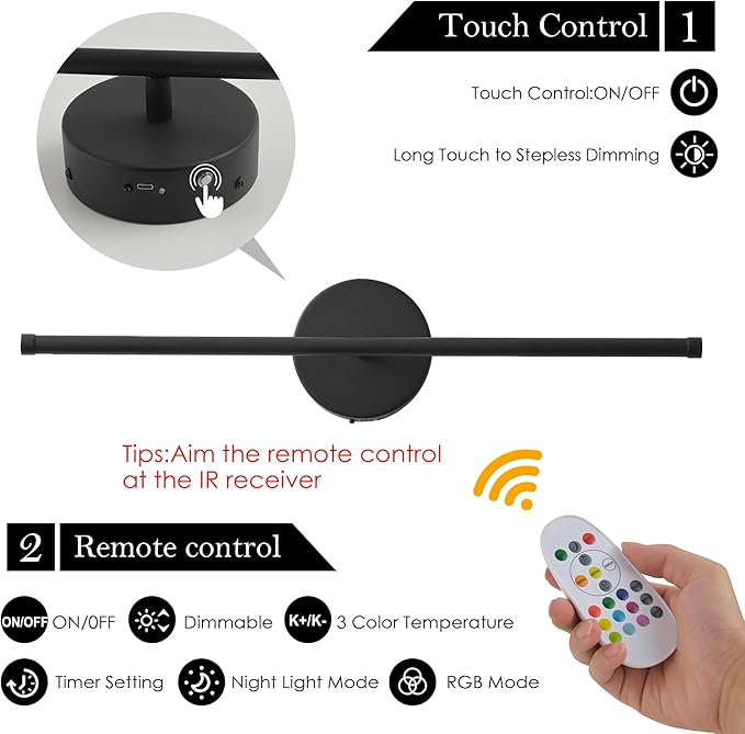 KARTOOSH Battery Operated Wall Sconces Set of Two, with Remote Control, Dimmable, Warm White/Natural White/Daylight/RGB, 350°Rotate, LED Black Wireless Wall Light for Living Room, Bedroom, 20.4 Inch