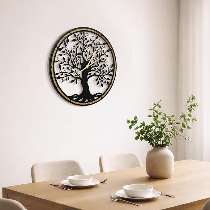 Micasso Farmhouse Large Wall Clock: 24 Inch Rustic Tree of Life Metal with Wood Frame - Battery Operated Wall Clocks for Living Room/Office/Bedroom - Home Decor for Fashion-Conscious