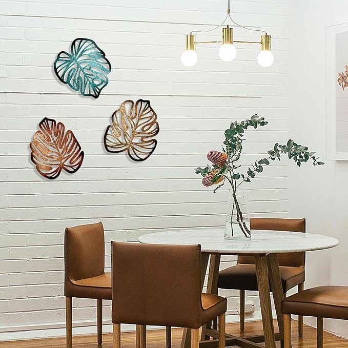 Palm Leaves Wood Wall Decor , 3Pcs Tropical Wall Art Jungle Decor, Wooden Natural Leaves Plant Wall Decor, Vintage Tropical Plant Plaque for Home Living Room Kitchen Bedroom Bathroom & Garden, Blue&Brown