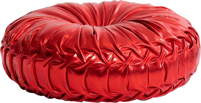 HIG Set of 2 Handcrafted Red Ruched Round Throw Pillows – 14.5’’ Metallic Leather Decorative Pillows with Soft Polyester Filling for Couch, Bed, Living Room, Bedroom, or Dorm