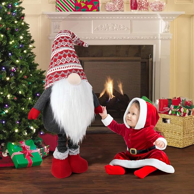 D-FantiX Large Standing Christmas Gnomes, 40 Inch Swedish Tomte Large Gnome Stuffed Plush with Retractable Spring Legs Knitted Hat Scandinavian Christmas Decorations Ornaments Holiday Home Decor