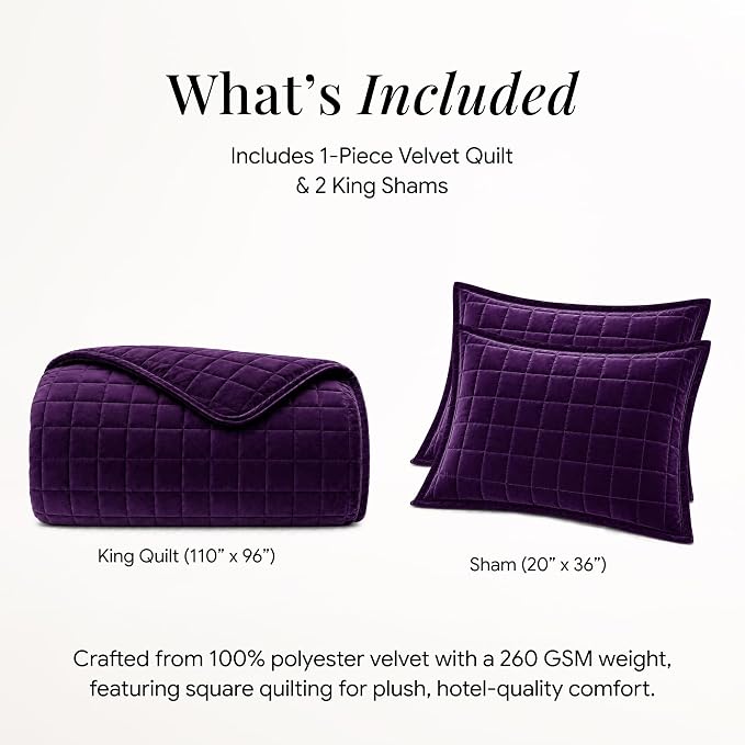 Tribeca Living Luxury Velvet Quilt King Size Set - 260GSM Ultra-Soft Oversized Velvet Bedspread Comforter Set with 2 Shams, in Florence Purple