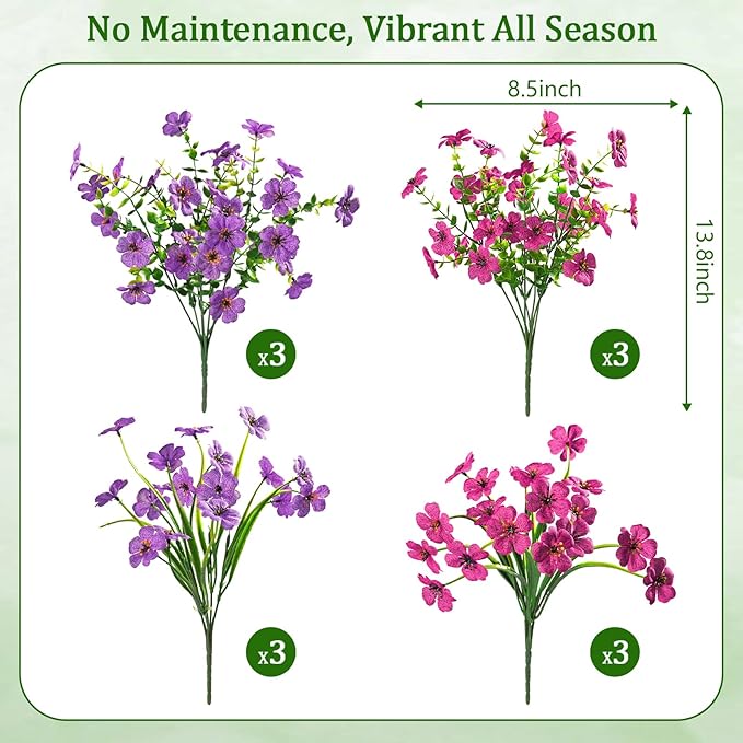 Yastouay 12 Bundles Artificial Flowers for Outdoors, UV Resistant Artificial Outdoor Flowers No Fade Fake Outdoor Flowers Plants for Garden Porch Window Box Pot Planters Decor (Fuchsia+Rose Red)