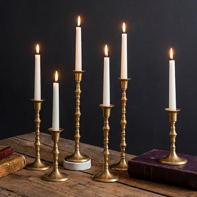 Nuptio Gold Candle Holders for Candlestick: Set of 6 Tall Taper Candle Stick Holders for Fall Thanksgiving Christmas Living Room Fireplace Dinner Table Cafe Table Decor